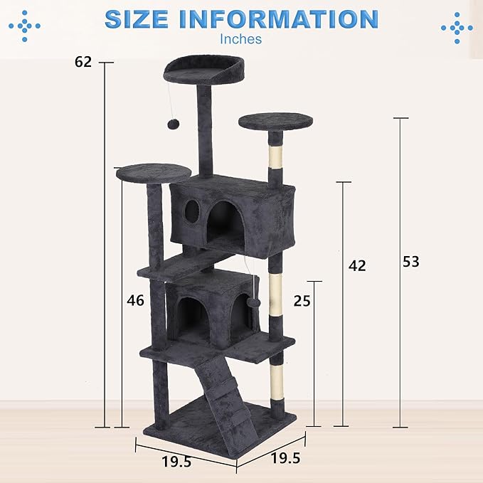 FDW | 62" Cat Tree Tower | Dark Gray | Multi-Level Indoor Activity Center with Sisal Scratching Posts, Condos, Plush Perches, Hanging Cat Toys | Sturdy, Easy to Assemble | for Kittens & Adult Cats