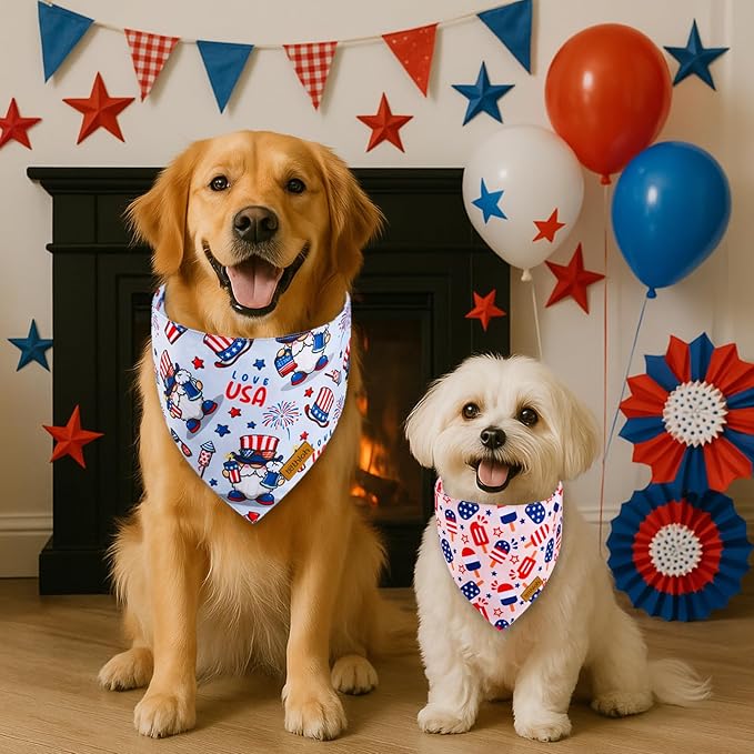 4th of July Dog Bandanas with Snap Button, 2 Pack American Flag Pet Scarf for Boy & Girl, Premium Durable Fabric, Adjustable Fit, Patriotic Bandana for Medium and Large Dogs (Large)