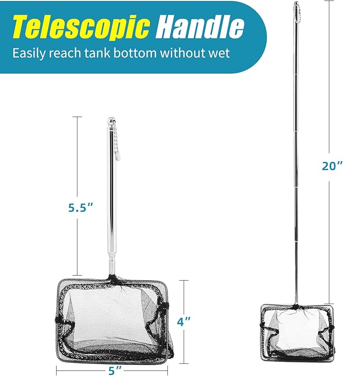 AQUANEAT Aquarium Net with Extendable Long Handle, Adjustable Wastes Skimming Cleaning Tools for Fish Tanks, 5 inch