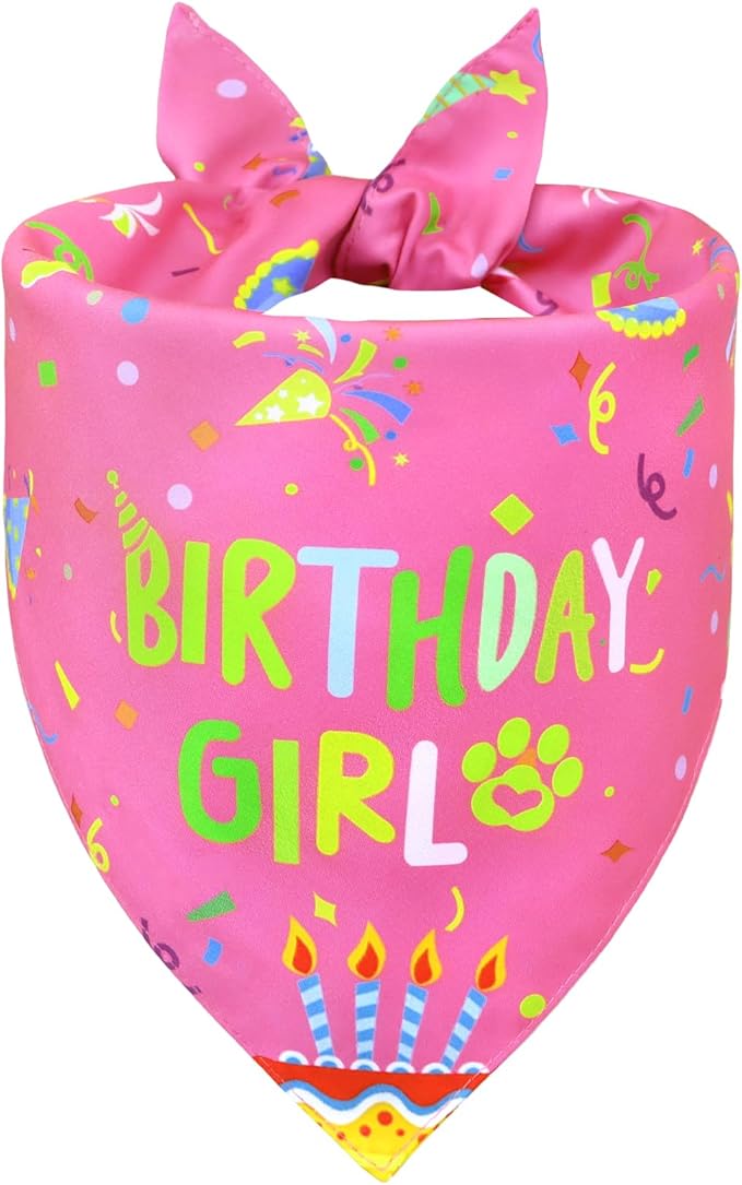 Dog Birthday Bandana Girl for Medium Large Dogs, Reversible 2 Patterns in 1, Pink Confetti Scarf, Happy Birthday Party Outfit Puppy Gift (14-18" Neck)