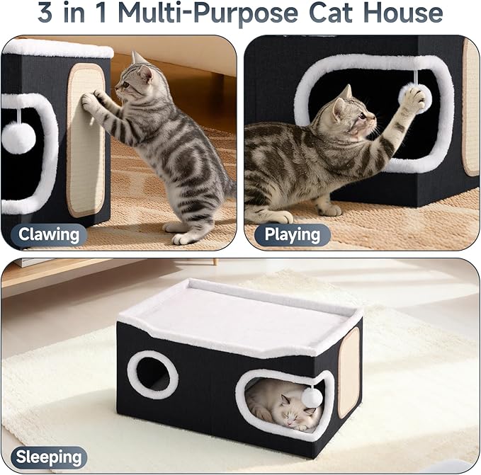 Cat Beds for Indoor Cats, Extra Wide Cat Cube House for Multi Cats, Foldable Cat Cave Hideaway with Arc-Edge Design & Oval Door, Double-Side Soft Cushion for All Seasons, 24"L x 17.7"D x 12.6"H, Black