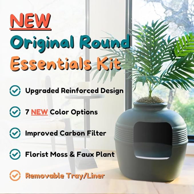 Good Pet Stuff Hidden Litter Box Planter, Decorative Cat Litter Enclosure with Carbon Filter, Artificial Plant, Easy Clean, Removable Liner, Round Style, Essentials Kit, Matte Black