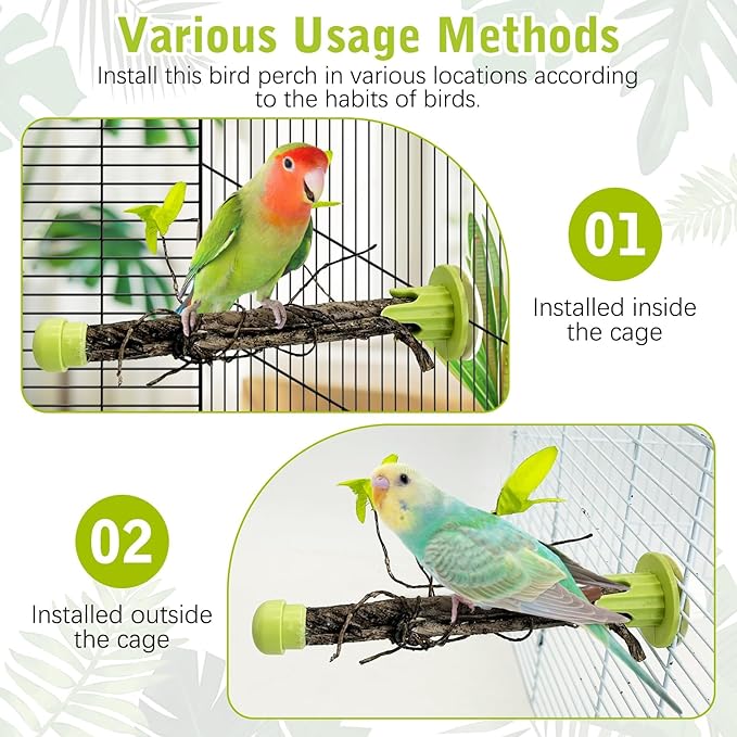 PINVNBY 3 PCS Bird Perches Simulation Branch Parrot Cage Perch Stand with Green Leaf Hanging Paw Grinding Fork Cage Accessories for Parakeets Budgies Finches Cockatiels Conures