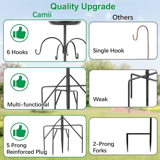 4-Hook Shepherds Hooks for Outdoor, 103" Heavy Duty Bird Feeder Pole with 5 Prongs Base, Adjustable Garden Hook for Plant Baskets, Hummingbird Feeder, Lantern, Solar Light, Garden Hook for Outside