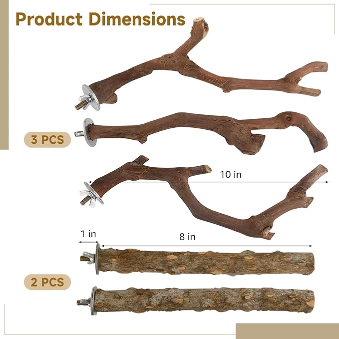 5 PCS Wood Bird Perches, Natural Grape Wood Branches with Mounts, Bird Stand and Paw Grinding Accessories, Cage Perches for Parakeet, Cockatiel, Conure, Budgie