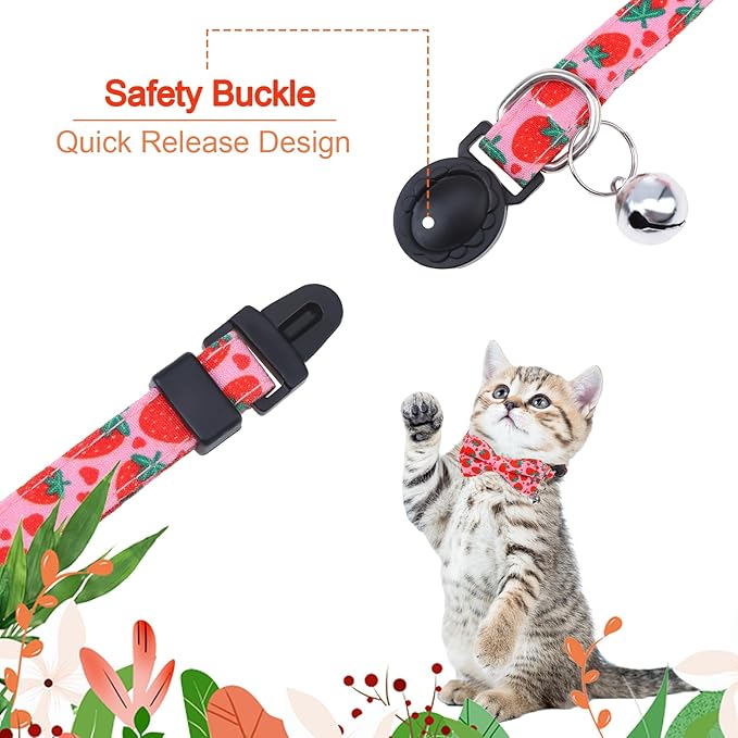 4 Pack Cat Collar with Bow Tie and Bell Breakaway Fruit Cat Collars Spring Summer Adjustable Safety Kitten Collar for Boy Girl Cats