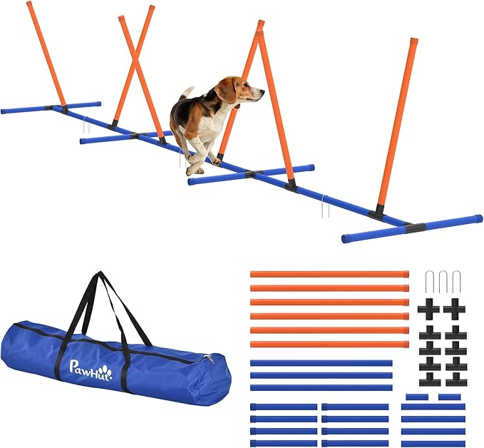 PawHut Adjustable Dog Agility Training Equipment, Dog Agility Course Backyard Set with Weaves Poles, Carry Bag and Ground Stakes for Pet Park Games Exercise