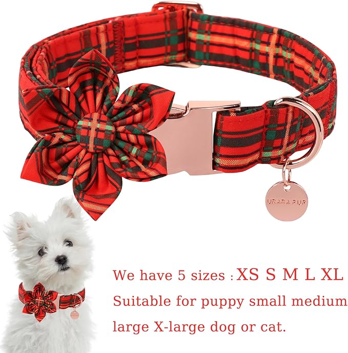 Christmas Dog Collar with Flower, Cotton Christmas Plaid Collar for Medium Girl Boy Dog,Red &Green Plaid Dog Collar Bowtie with Durable Metal Buckle,Adorable Pet Collar,S,Neck 10-16in