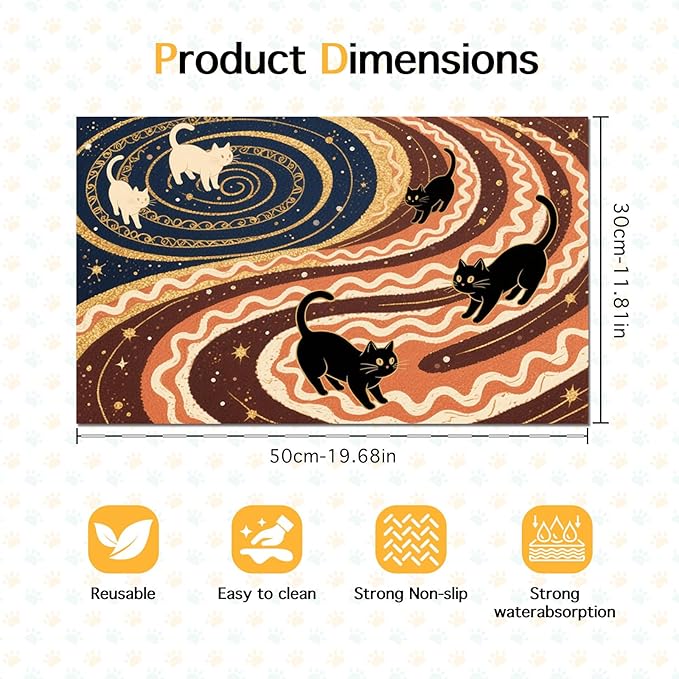 Pet Feedings Mats 20x12 inch Black Cat Design Pet Bowl Placemat Non Slip Mat for Cats Food and Water Indoor Kitty Feeding Station Artistic Cats Meal Mat for Small Pets Kitchen Floor Use