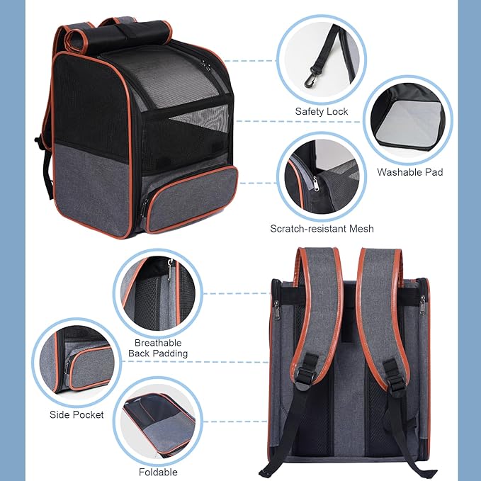 Pesen Cat Backpack Carrier, Breathable & Foldable Pet Carriers for Cats, Small Dogs and Rabbits Under 15 lbs, Airline Approved Dog & Cat Carrier Backpack for Hiking, Travel, Camping, Dark Gray