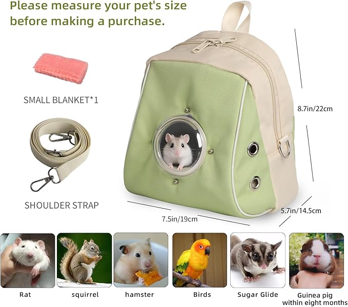 Hamster Carrier, Suitable for Sugar Gliders, Rats, Parrots and Other Small Pets, Breathable Bird Backpack with Transparent Spacecraft (Green)