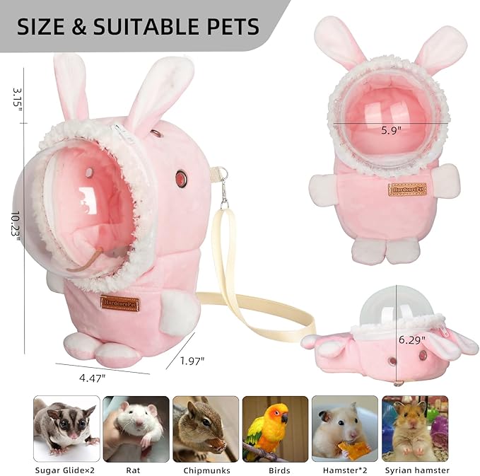 Sugar Glider Bonding Pouch Bonding Pouch Carry for Rat Syrian Hamster Hedgehog Small Pocket Pets, Gerbil Travel Bag Cute Bunny-Shaped Outing Bag with Large Transparent Window（Pink）