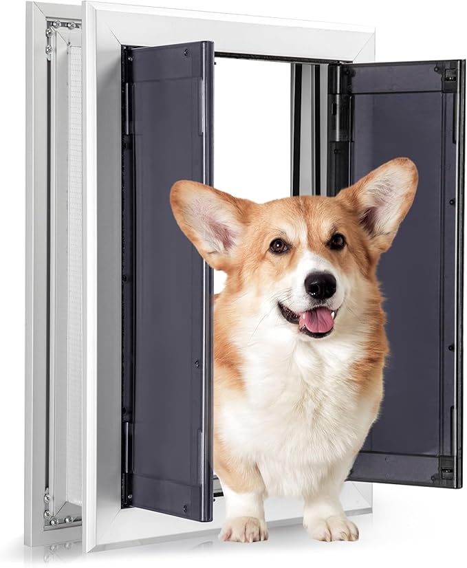 Sliver Pet Door with Panels, Aluminum Dog Door with Automatic Closing Magnetic Flaps, Large Doggie Door, Slide-in Panel & 4 Security Locks, Suitable for Doors, Screen and Wall