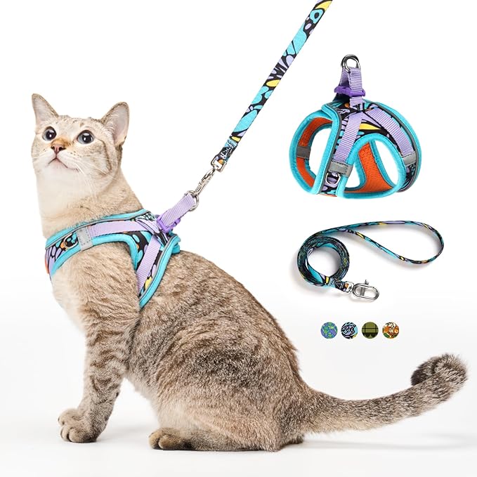 Cat Harness and Leash Set, Step-in Escape Proof Adjustable Vest Harness for Small Medium Large Cats, Lightweight Soft Breathable Reflective Kitten Harness for Walking Travel, Camping(Butterfly, M)