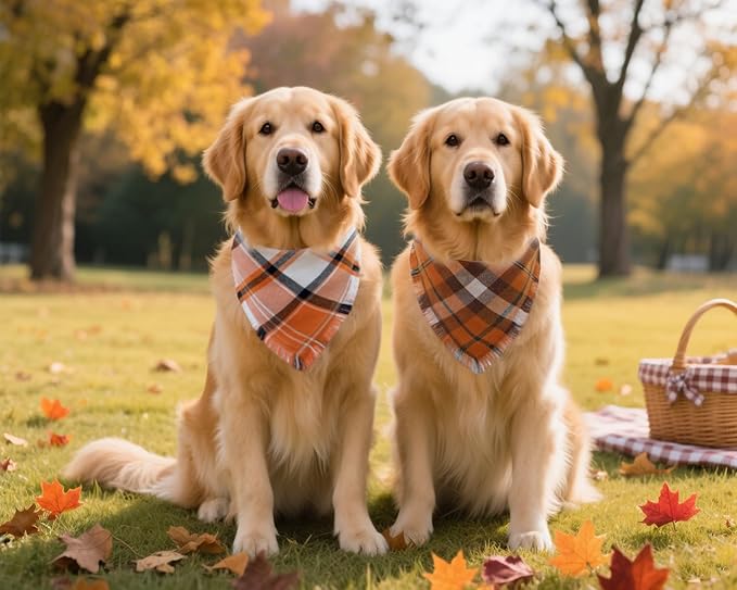 Fall Dog Bandanas,Autumn Halloween Orange Plaid Scarf,Triangle Holiday Thanksgiving Outfit for Boy and Girl Dogs,Pet Costumes for Medium to Large Dogs,2PCS Double-Sided Plaid Design with Tassels