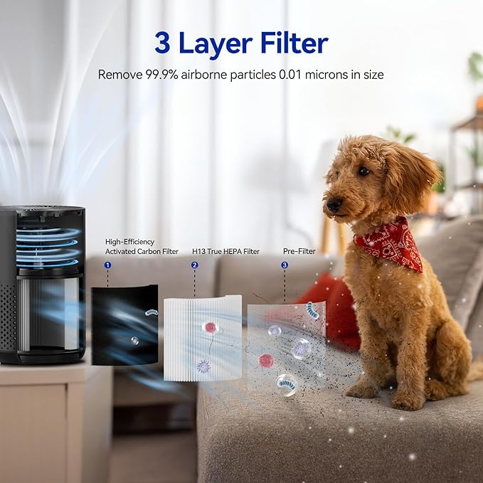 Air Purifiers for Bedroom Home with H13 True HEPA Filter, 20dB Quiet Air Cleaner for Pets Hair Dander Odor, Smoke Dust Pollen, Aromatherapy Function, Black