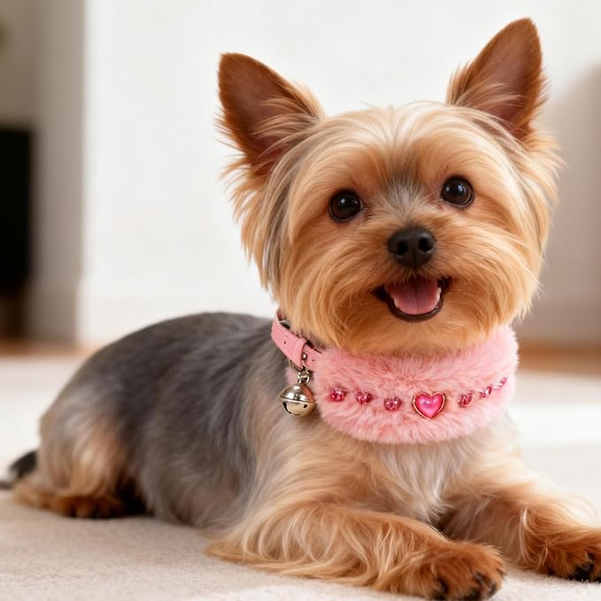 EXPAWLORER Valentine's Day Cat Collar - Adjustable Furry Leather Cat Collars with Pearls and Gemstones for Girl Boy Cats, Elegant Plush Pet Collar with Bell & Durable D-Ring, Pink