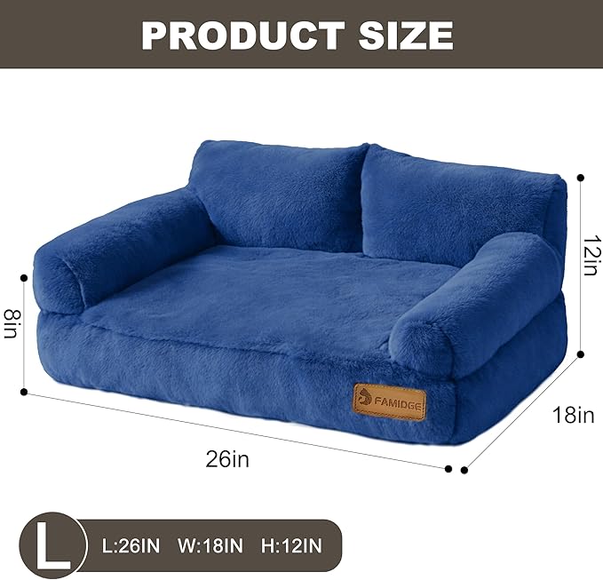 Plush Cat Couch Bed - Cat Bed for Indoor Cats, Dog Sofa Bed, Short Rabbit Fleece Calming Pet Couch with Removable Cover, Anti-Shedding Pet Sofa for Small/Medium Pets (26×18×12in, Navy Blue)