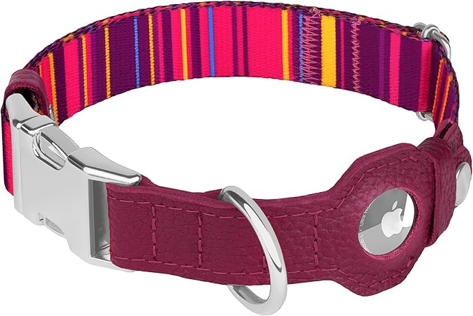 AirTag Dog Collar for Small Medium Large Breed - Adjustable Cute Pattern Dog Collar with Airtag Holder - Soft Leather Tracker GPS Apple Air Tag Pet Collars (X-Large, 20"-25" Neck Fit, Striped)