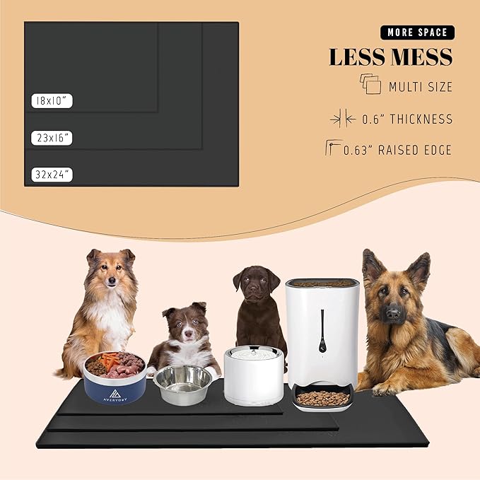 AVERYDAY 100% Waterproof Thicker Silicone Dog Food Mat, 0.63'' Raised Edge Bowl Mat for Food & Water, Non Slip Pet Feeding Placemat for Messy Drinkers, Perfect for Large Medium Small Breeds, 32"x24"