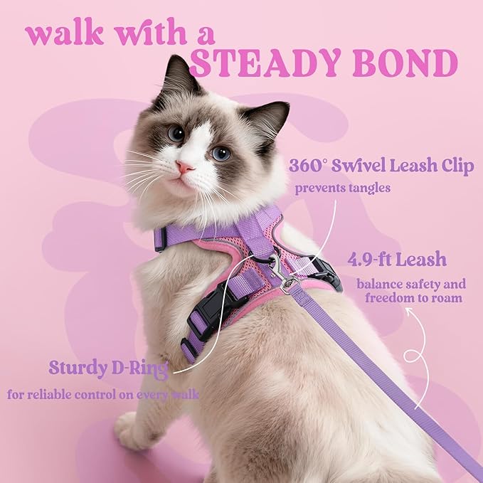 rabbitgoo Cat Harness and Leash for Walking, Escape Proof Soft Adjustable Vest Harnesses for Cats, Easy Control Breathable Reflective Strips Jacket, Pink & Purple, XXS