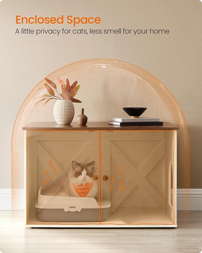 Feandrea Cat Litter Box Enclosure, Litter Box Furniture Hidden, Indoor Cat House, End Table, 27.6 x 19.7 x 19.7 Inches, Rustic White and Honey Brown UPCL022K02