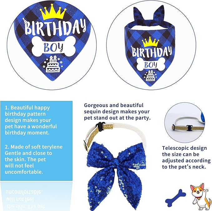 Blue Dog Birthday Party Supplies Pet Birthday Bandanas Boy Doggy Birthdays Hat Bow Tie Greeting Card Numbers It's My Bday Mother Puppers Sign Banner for Medium Large Pets