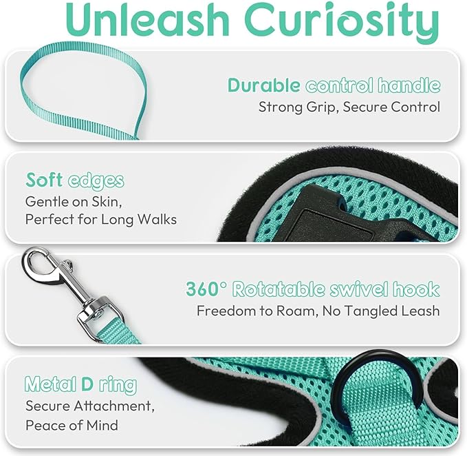 Dooradar Cat Harness and Leash Set, Escape Proof Safe Adjustable Kitten Vest Harnesses for Walking, Easy Control Soft Breathable Mesh Jacket with Reflective Strips for Cats, Green, XXS