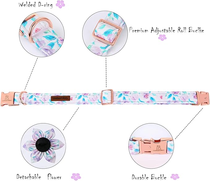 Lionheart Glory Purple Dog Collar With Flower - Cute Floral Pattern Adjustable Pet Collar for Small Dogs