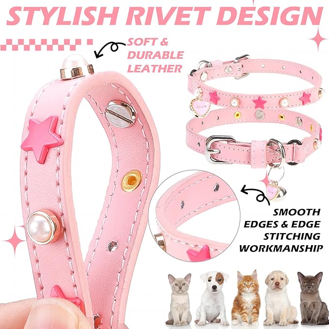 EXPAWLORER Leather Cat Collar for Girl Boy- Adjustable Pet Collar with Safety Elastic Belt,Personalized Star & Pearl Accessories Buckle Collars with Bell & Durable D-Ring,Pentagram (Pink)