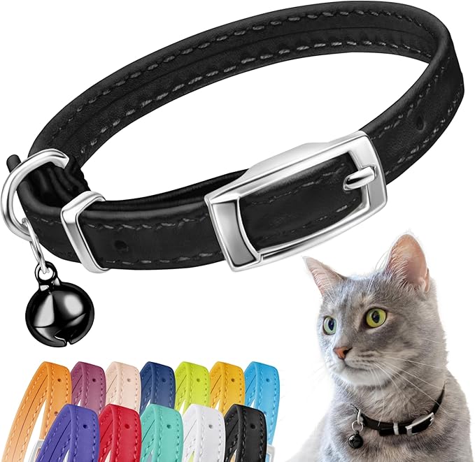 CollarDirect Leather Cat Collar with Bell - Kitten Collar, Small and Big Cat Collar for Boy Cats, Girl Cats with Safety Elastic Strap (Neck Fit 6"-7", Black)