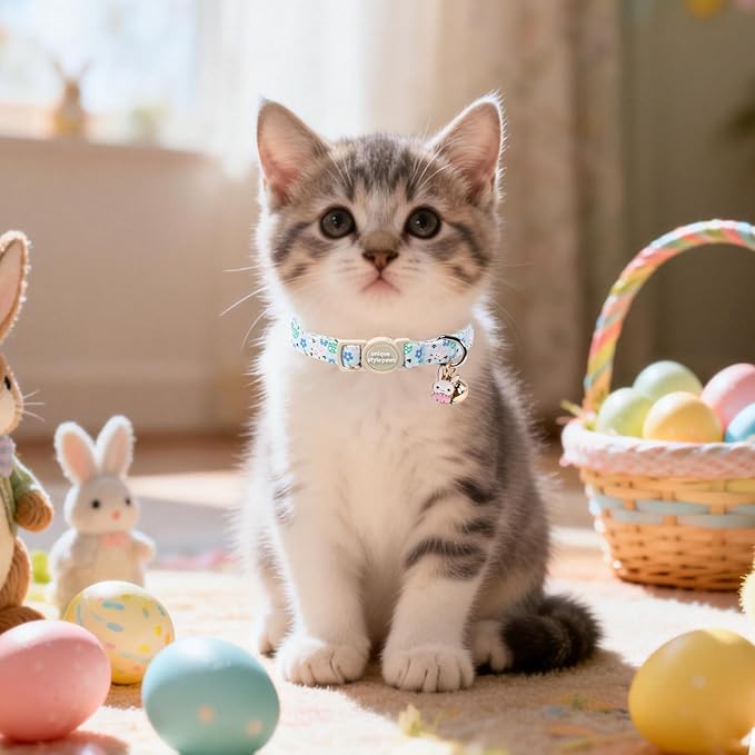 Unique Style Paws Easter Cat Collar,Easter Day Cat Collars,Blue Kitten Collar Breakaway Buckle,Adjustable Soft Cotton Puppy Collar,Ideal Gift for Boy Girl Cats