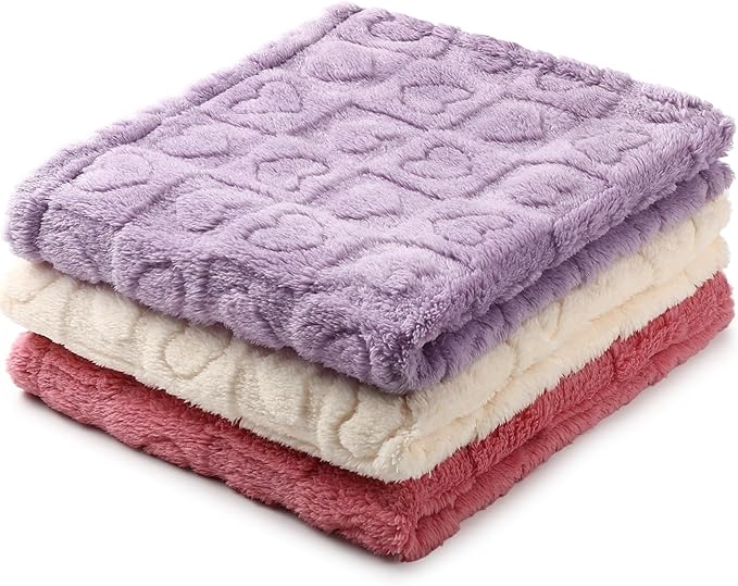 Tegeme 3 Pcs Small Dog Blanket 280 GSM Washable Pet Bed Cover Soft Fluffy Puppy Blanket 3D Textured Heart Checkered Pattern Fleece Soft Cat Plush Pet Throws for Kitten Doggy(Classic Colors,30"×40")