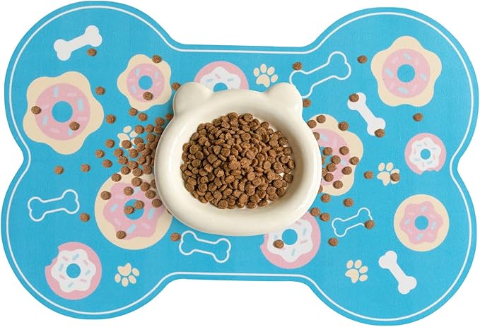 Dog Food Mat, 0.15” Thickened Super Absorbent Pet Feeding Mat for Food and Water, Fruit Donut Pattern Cat Placemat, Quick Dry Non-Slip Dog Bowl Mat, Water Splash Proof（Small Donut Blue）