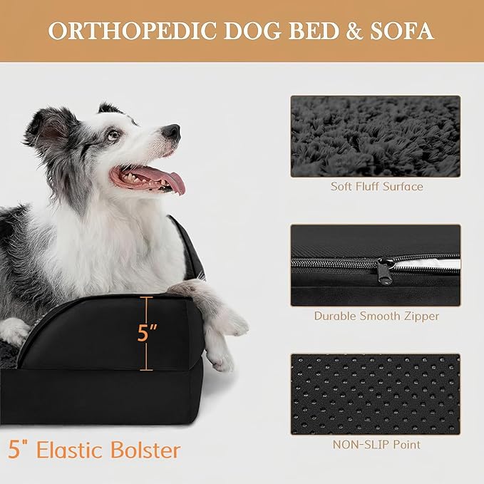 Comfort Expression Orthopedic Dog Bed for Large Dogs 36x27 Inch, Waterproof Supportive Egg Crate Foam Large Pet Bed with Removable Bolsters, Dog Couch with Washable Cover & Non-Slip Bottom, Black