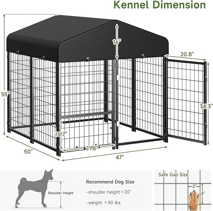 Dog Kennel Outdoor, Outside Dog Kennel with Roof & Removable Doggy Door Allow Connecting Your Dog House, Square Pet Enclosure Dog Run Yard for Medium/Small Dogs(4'L x 4'W x 4.6'H)