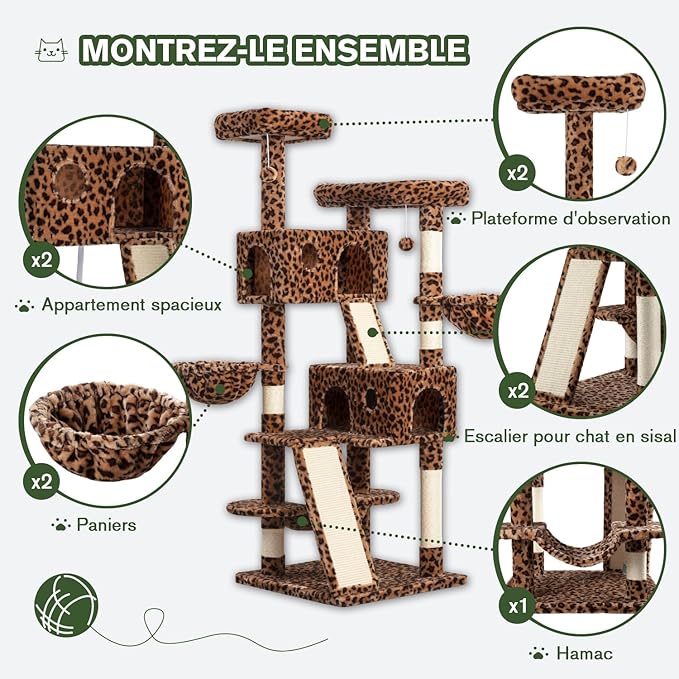 MUTICOR 66 Inches Multi-Level Large Cat Tree Tower for Indoor Big Feline/Cozy Plush Perches/Condo/Sisal Scratching Posts/Hammock and Baskets/Activity Center Play House/Wide Base/Leopard Print