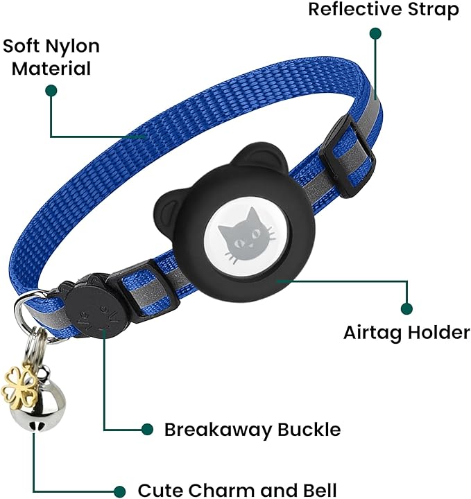 Cat Collar with AirTag Holders, 3-Pack, Reflective Breakaway Safety Collars, Bells and Matching Charms, Adjustable, Paw Hearts, Moon Stars Design, Lucky Charm, Blue