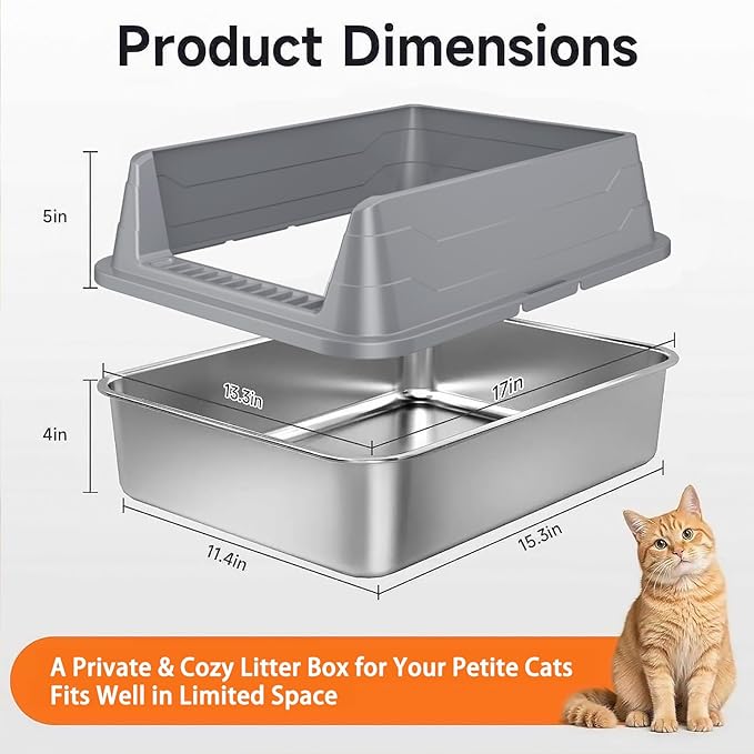 Stainless Steel Cat Litter Box, Odor Free Metal Litter Box with High Sides Lid, Open Top Low Entry Litter Pan Include Scoop Easy Cleaning Anti-Scratch Kitty Cat Box Anti-Urine Leakage, Non-Sticky