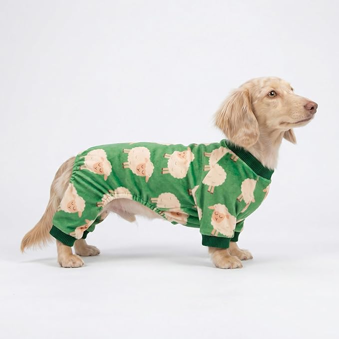 Fitwarm Funny Sheep Dog Pajamas, Warm Winter Dog Clothes for Small Dogs Boy Girl, Cozy Pet Onesie with Feet, Green, White, XXL