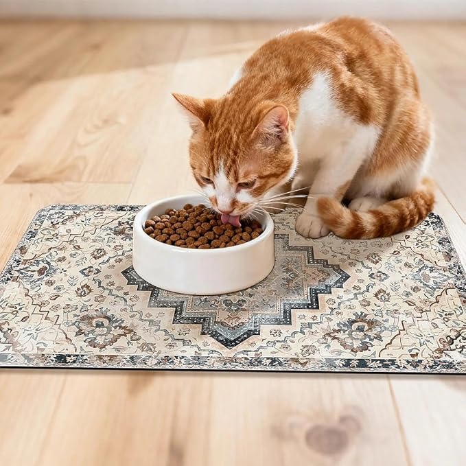 Dog Food Mat for Pet Cat Food Mat, Boho Absorbent Quick Dry Dog Bowl Mats for Food and Water, Non-Slip Cat Pet Feeding Mats for Floor Placemats 12"x20"