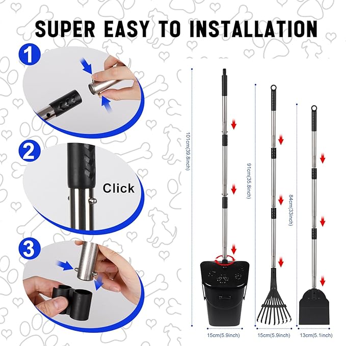 39.8'' Long Handle Dog Pooper Scooper with 20 Bag Attachment Heavy Duty Swivel Bin, Rake & Spade Easy to Clean Poop Scooper for Large Medium Dogs Pet Waste Removal Solution for Yard, Grass, Gravel