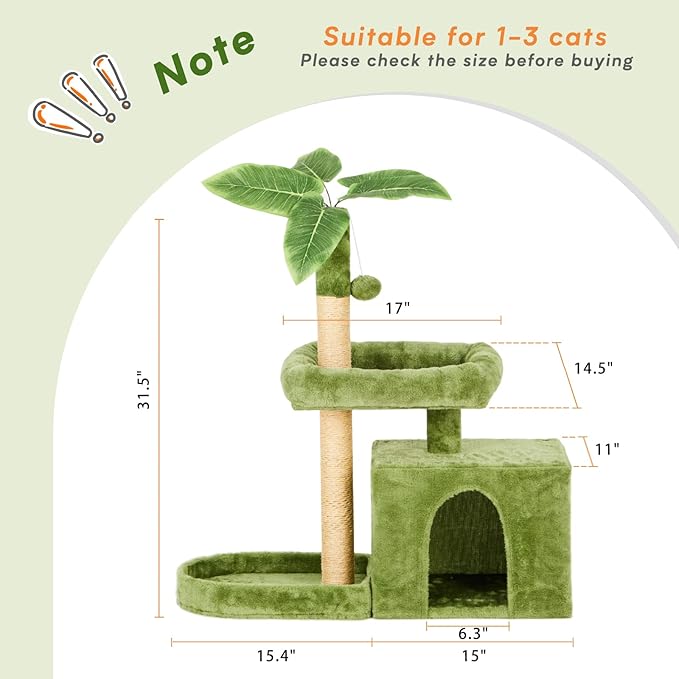 31.5in Multi-Level Cat Tower with Sisal Scratching Posts, Hidden Cave & Perch Platform, Large Cat Condo for 1-3 Cats, Eco-Friendly Pet Furniture with Realistic Leaves, Green