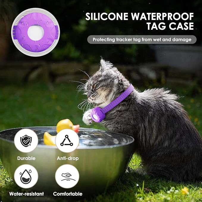 Cat Tracker, GPS Tracker Collar with Safety Elastic Buckle, Tractive GPS Cat Tracker Compatible with Apple Find My App (Only iOS), No Monthly Fee, Purple