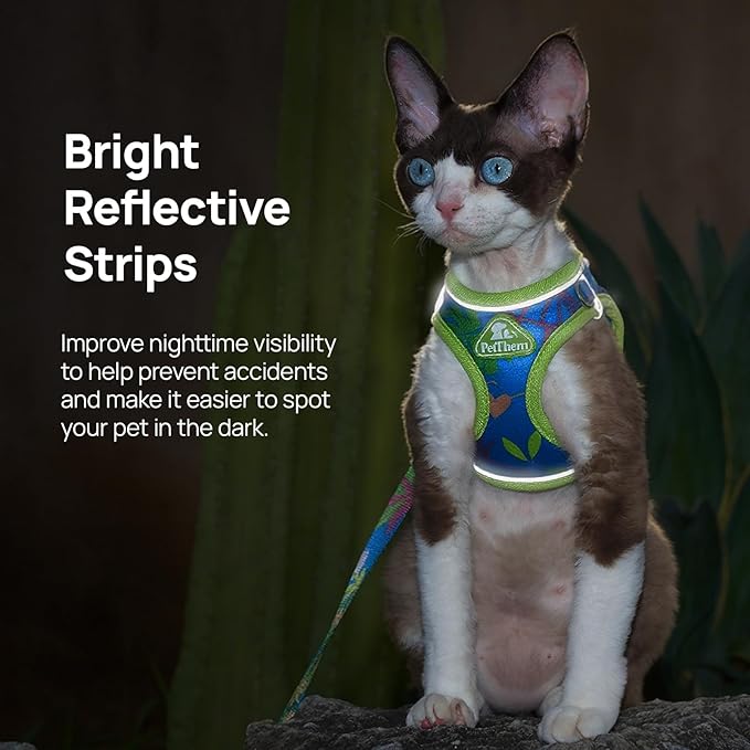 Cat Harness and Leash Set, Step-in Escape Proof Adjustable Vest Harness for Small Medium Large Cats, Lightweight Soft Breathable Reflective Kitten Harness for Walking Travel, Camping(Hawaii Green, M)