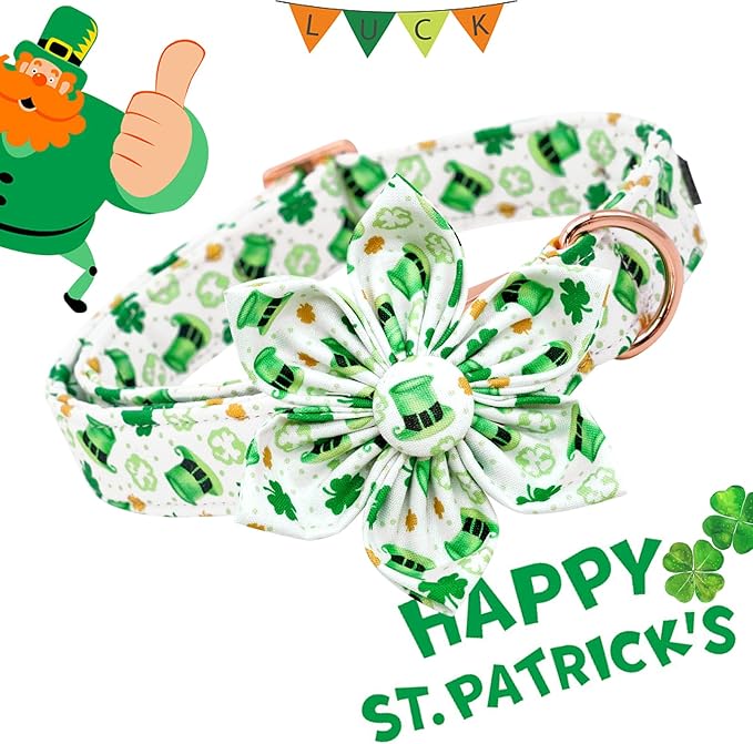 Lionheart glory St. Patrick's Day Dog Collar with Flower Dogs Collar,Soft Green Lucky Clover Shamrock Dog Collars Flower for Small Dogs Puppy Soft Collars Bows Heavy Duty