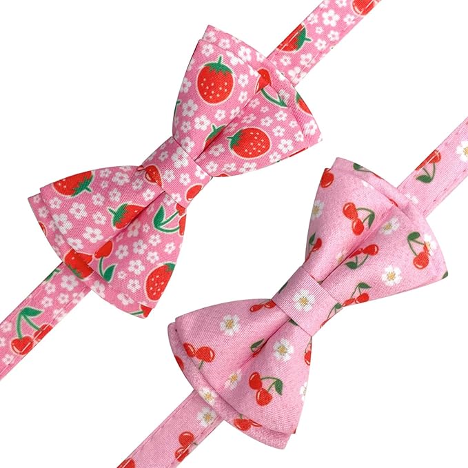 2 Pack Breakaway Cat Collar with Removable Bow Tie and Bell for Boy Girl Cats,Cute Cotton Kitten Collar with Purple Lavender and Red Flower Pattern for Female Male Cats (Cherry&Strawberry)