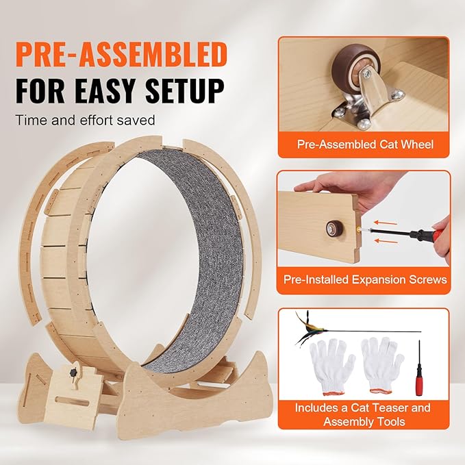 VEVOR Cat Exercise Wheel, 52" Large Cat Treadmill Wheel for Indoor Cats, Running Wheel with Detachable Carpet & Teaser for Running/Walking/Training, Suitable for Most Cats