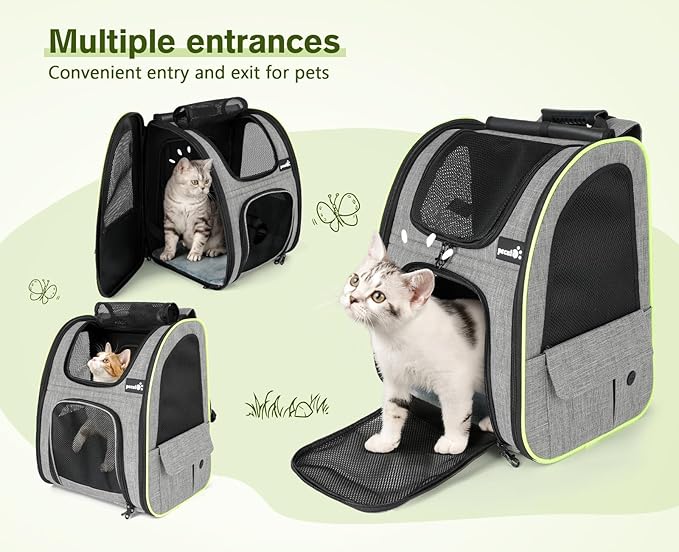 Pecute Cat Backpack Carrier Expandable, Pet Backpack with Curtain for Cats Dogs Up to 11lbs, with 4-Side Breathable Mesh, Multi-Entry & Lockable Zippers for Travel, Hiking, Camping - Hands Free