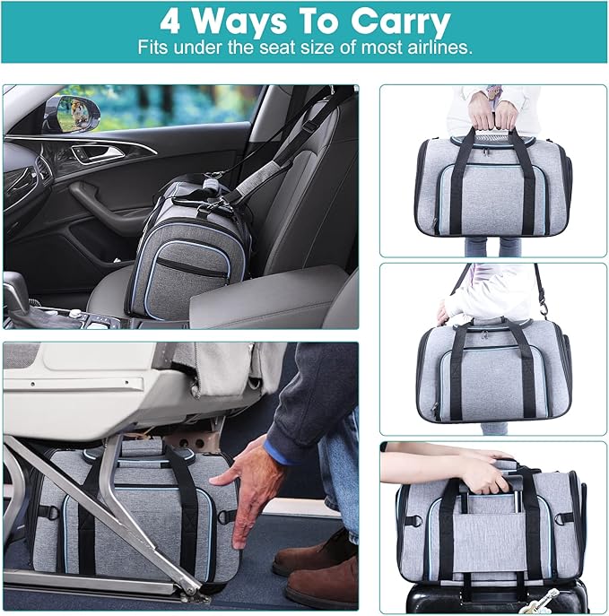 Siivton Airline Approved Pet Carrier, 4-Way Expandable Cat Dog Carrier for Under-Seat Travel, Soft-Sided Portable Pet Bag with Removable Fleece Pad, Fits Small Pets Up to 15 lbs (18"x 11"x 11")